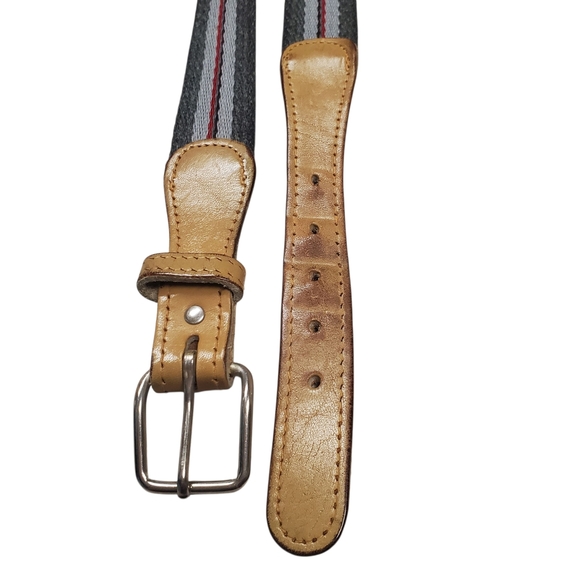 Canvas And Leather Belt. Gray, Red, & Tan. Silver Hardware. 40". Preppy Classic - Picture 3 of 8